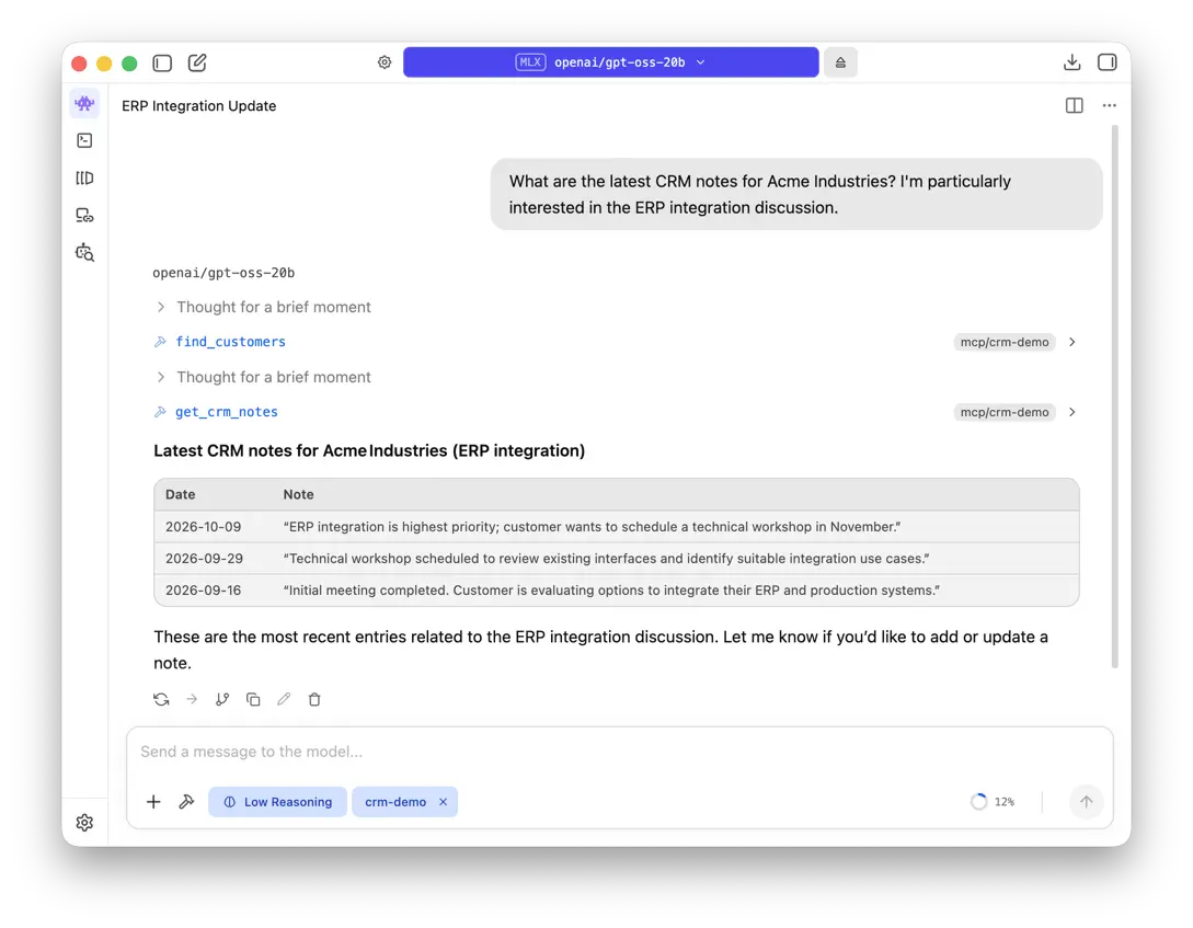 A fresh LM Studio conversation retrieving Acme Industries’ CRM notes, including the newly saved ERP integration priority and November workshop request.